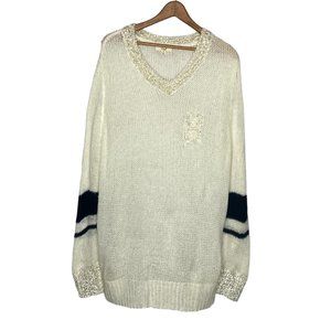 Anthropologie Medium M Easel White Blue‎ V-Neck Varsity Stripe Oversized Sweater